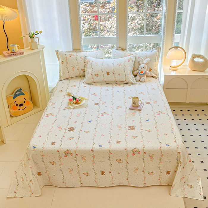 91家纺网 家纺一手货源 找家纺 铭成家纺 2024新款新疆棉喷气印花小清新系列四件套小兔园