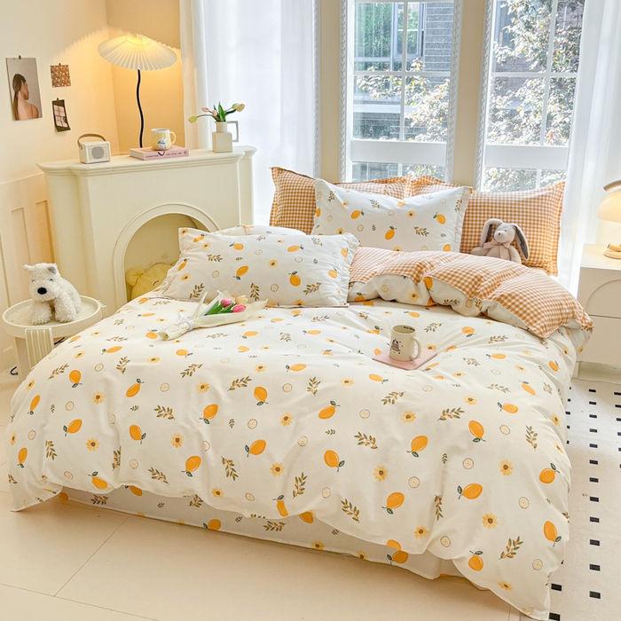 91家纺网 家纺一手货源 找家纺 铭成家纺 2024新款新疆棉喷气印花小清新系列单被套一颗柠檬