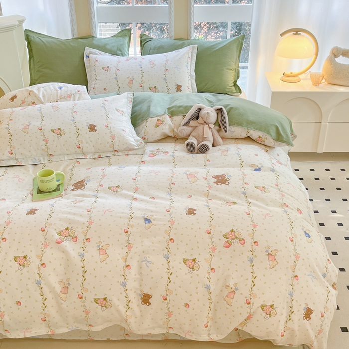 91家纺网 家纺一手货源 找家纺 铭成家纺 2024新款新疆棉喷气印花小清新系列单被套小兔园