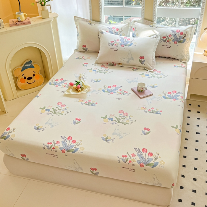 91家纺网 家纺一手货源 找家纺 铭成家纺 2024新款新疆棉喷气印花小清新系列四件套幻蝶兔