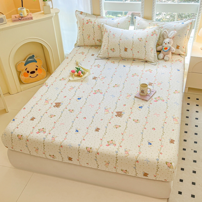 91家纺网 家纺一手货源 找家纺 铭成家纺 2024新款新疆棉喷气印花小清新系列单床笠小兔园