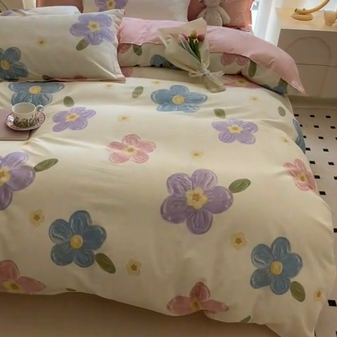 91家纺网 家纺一手货源 找家纺 铭成家纺 2024新款新疆棉喷气印花小清新系列单被套茉晓