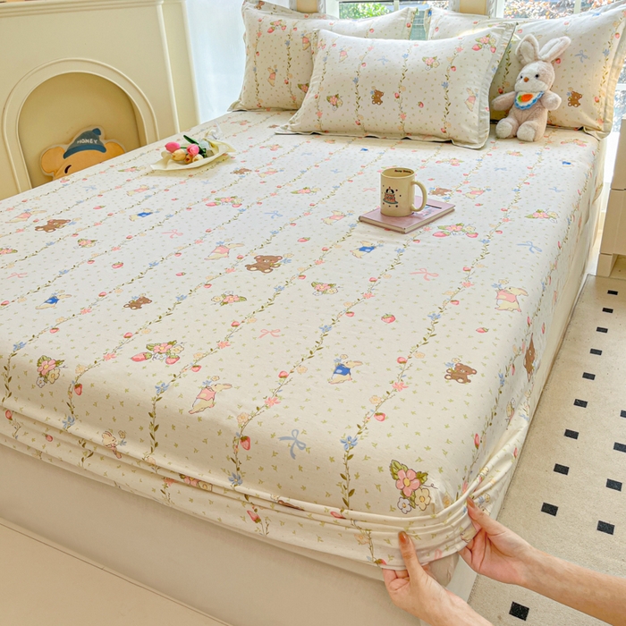 91家纺网 家纺一手货源 找家纺 铭成家纺 2024新款新疆棉喷气印花小清新系列单床笠小兔园