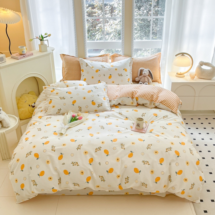 91家纺网 家纺一手货源 找家纺 铭成家纺 2024新款新疆棉喷气印花小清新系列四件套一颗柠檬