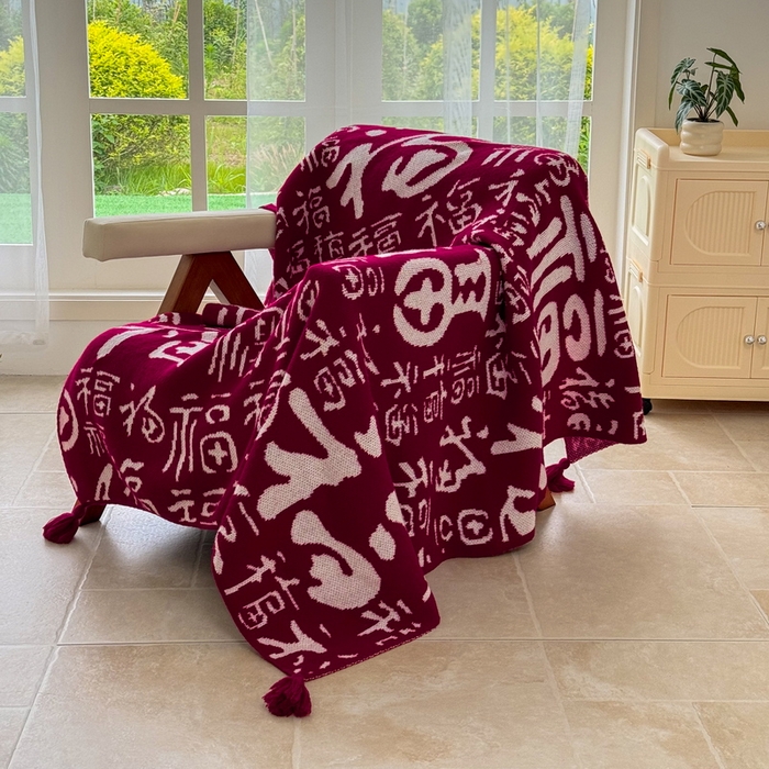 91家纺网 家纺一手货源 找家纺 苏艺针织盖毯 2024新款新中式福字盖毯沙发毯 针织福字-大福（红）