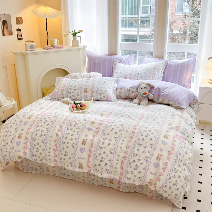 91家纺网 家纺一手货源 找家纺 铭成家纺 2024新款新疆棉喷气印花小清新系列四件套半蕾