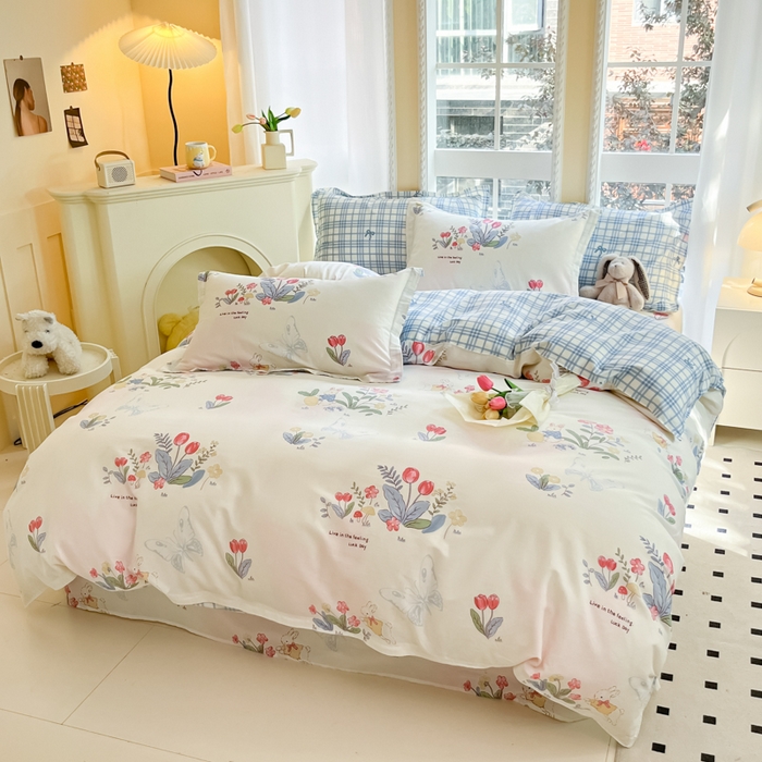 91家纺网 家纺一手货源 找家纺 铭成家纺 2024新款新疆棉喷气印花小清新系列四件套幻蝶兔