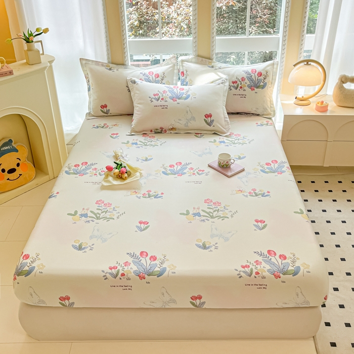 91家纺网 家纺一手货源 找家纺 铭成家纺 2024新款新疆棉喷气印花小清新系列四件套幻蝶兔