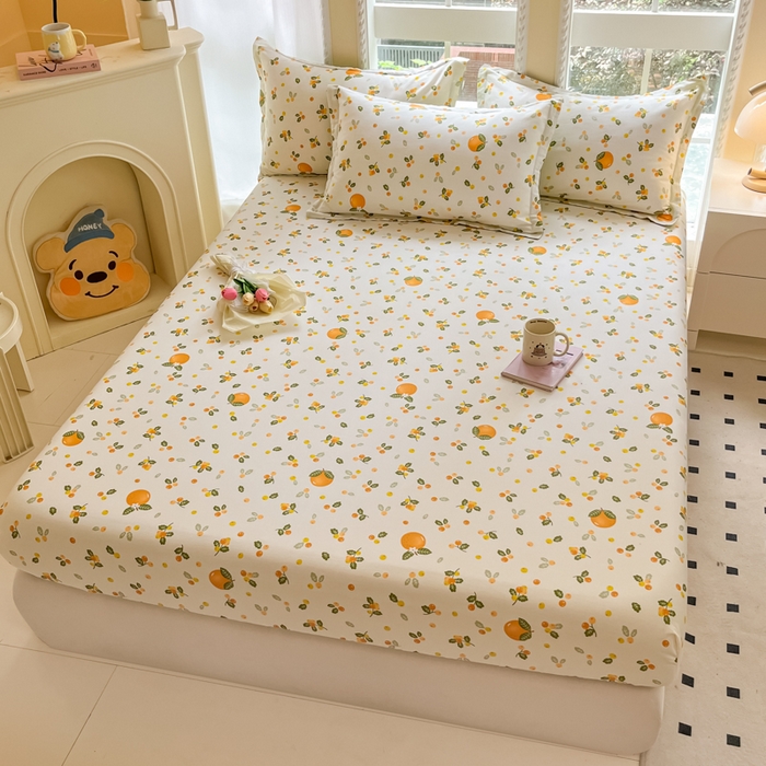 91家纺网 家纺一手货源 找家纺 铭成家纺 2024新款新疆棉喷气印花小清新系列四件套砂糖橘