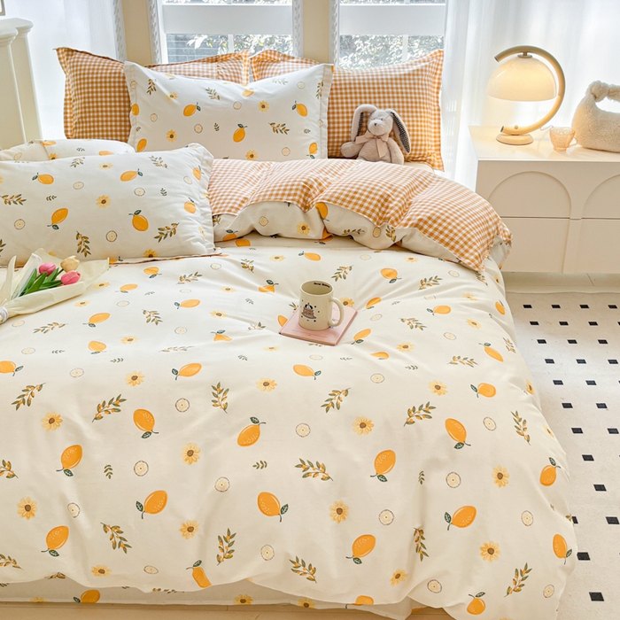 91家纺网 家纺一手货源 找家纺 铭成家纺 2024新款新疆棉喷气印花小清新系列四件套一颗柠檬