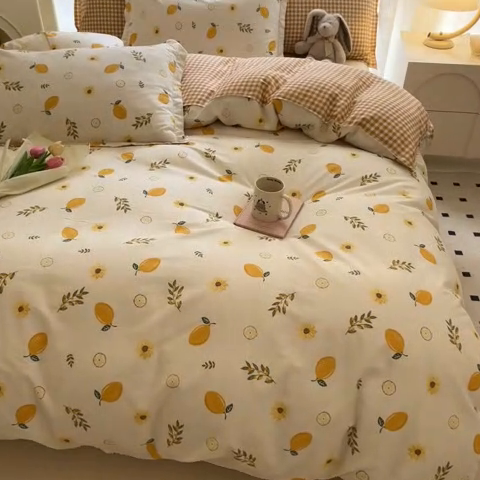 91家纺网 家纺一手货源 找家纺 铭成家纺 2024新款新疆棉喷气印花小清新系列四件套一颗柠檬