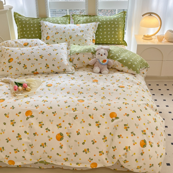 91家纺网 家纺一手货源 找家纺 铭成家纺 2024新款新疆棉喷气印花小清新系列四件套砂糖橘