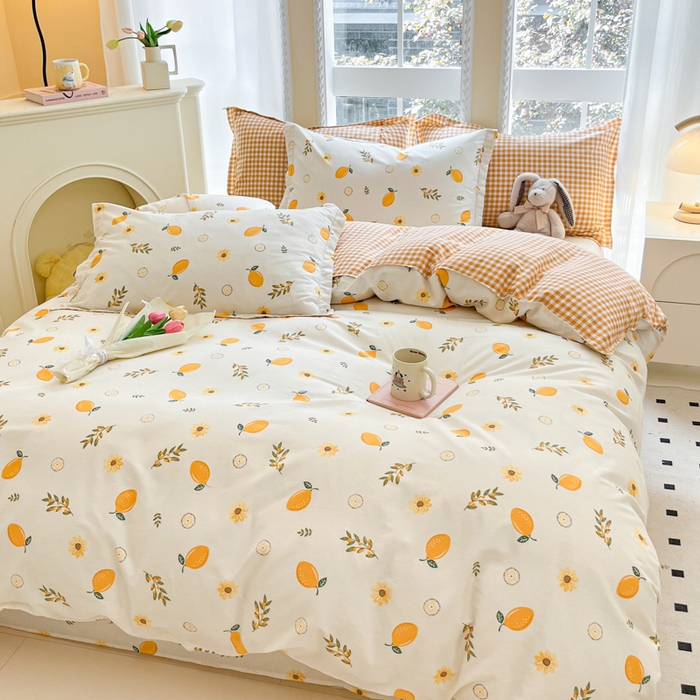 91家纺网 家纺一手货源 找家纺 铭成家纺 2024新款新疆棉喷气印花小清新系列四件套一颗柠檬