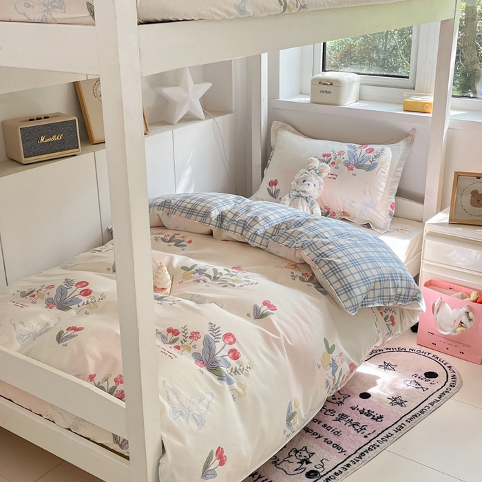 91家纺网 家纺一手货源 找家纺 2024新款全棉印花三件套学生宿舍床三件套上下铺床单被套 幻蝶兔