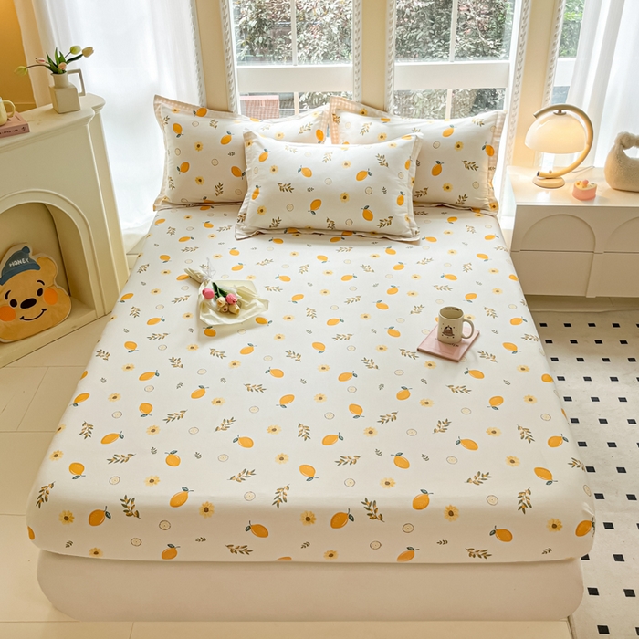91家纺网 家纺一手货源 找家纺 铭成家纺 2024新款新疆棉喷气印花小清新系列单床笠一颗柠檬