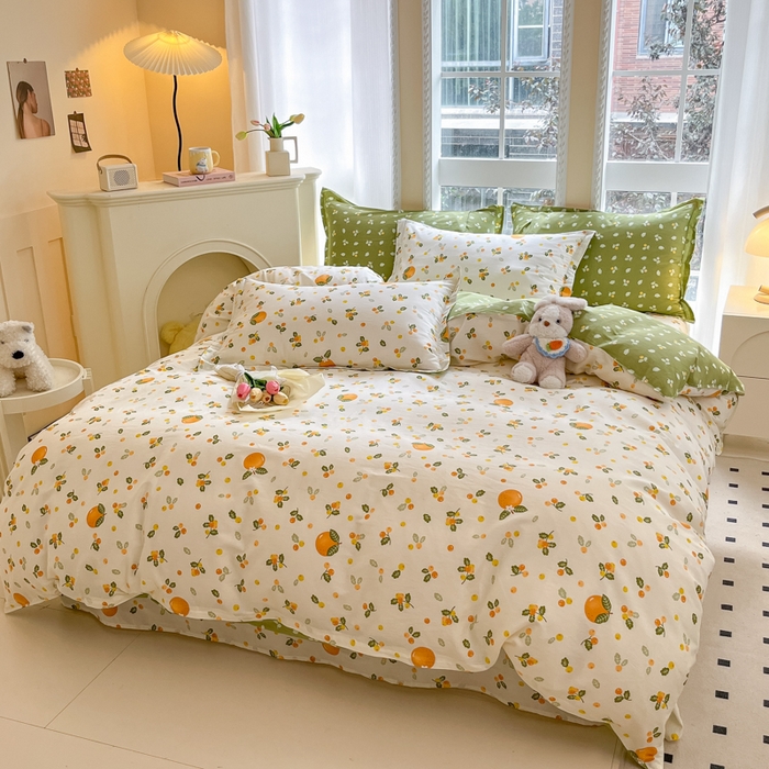 91家纺网 家纺一手货源 找家纺 铭成家纺 2024新款新疆棉喷气印花小清新系列四件套砂糖橘