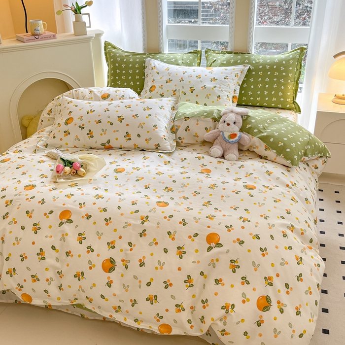 91家纺网 家纺一手货源 找家纺 铭成家纺 2024新款新疆棉喷气印花小清新系列四件套砂糖橘