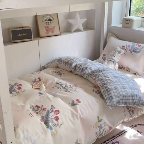 91家纺网 家纺一手货源 找家纺 2024新款全棉印花三件套学生宿舍床三件套上下铺床单被套 幻蝶兔