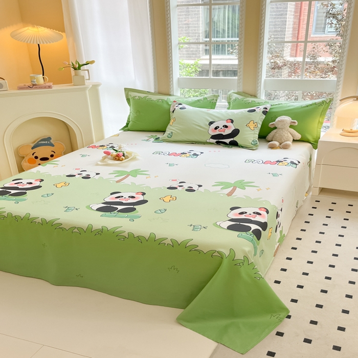 91家纺网 家纺一手货源 找家纺 铭成家纺 2024新款新疆棉喷气印花小清新系列单床单快乐熊猫