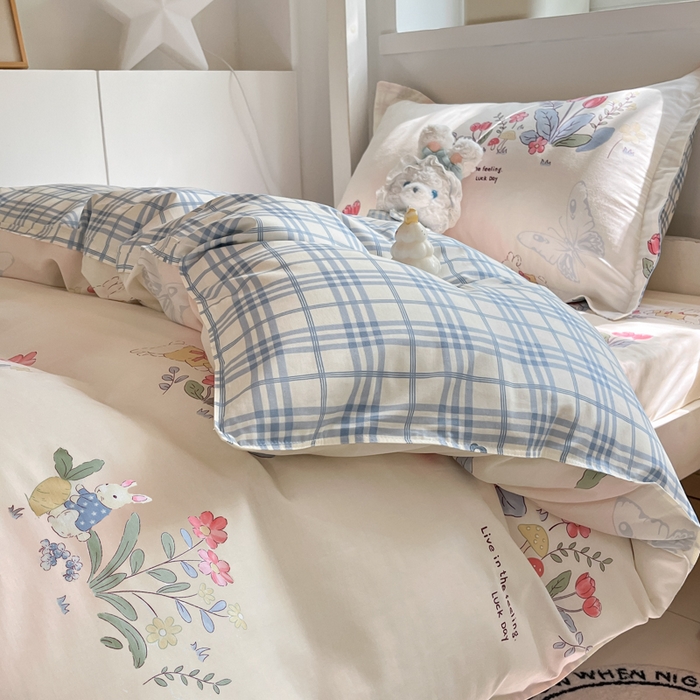 91家纺网 家纺一手货源 找家纺 2024新款全棉印花三件套学生宿舍床三件套上下铺床单被套 幻蝶兔