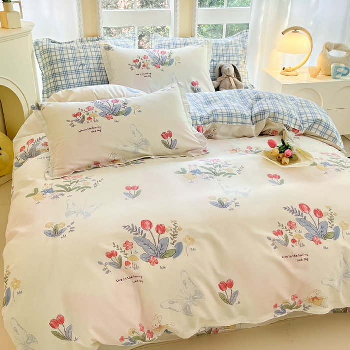 91家纺网 家纺一手货源 找家纺 铭成家纺 2024新款新疆棉喷气印花小清新系列四件套幻蝶兔