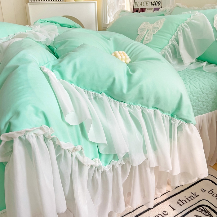 91家纺网 家纺一手货源 找家纺 言熙居家纺 2024新款韩版贴布绣雪纺花边床盖款四件套-初恋 初恋-蓝