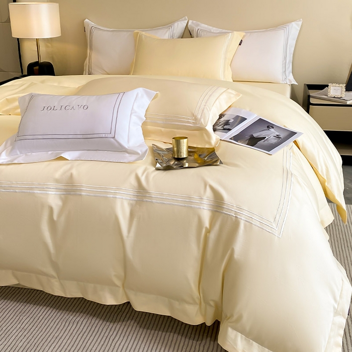 91家纺网 家纺一手货源 找家纺 爱妮菲 2024新款100支长绒棉酒店风四件套全棉纯棉纯色简约床单被套轻奢床笠款床上用品 洛卡-芝士黄