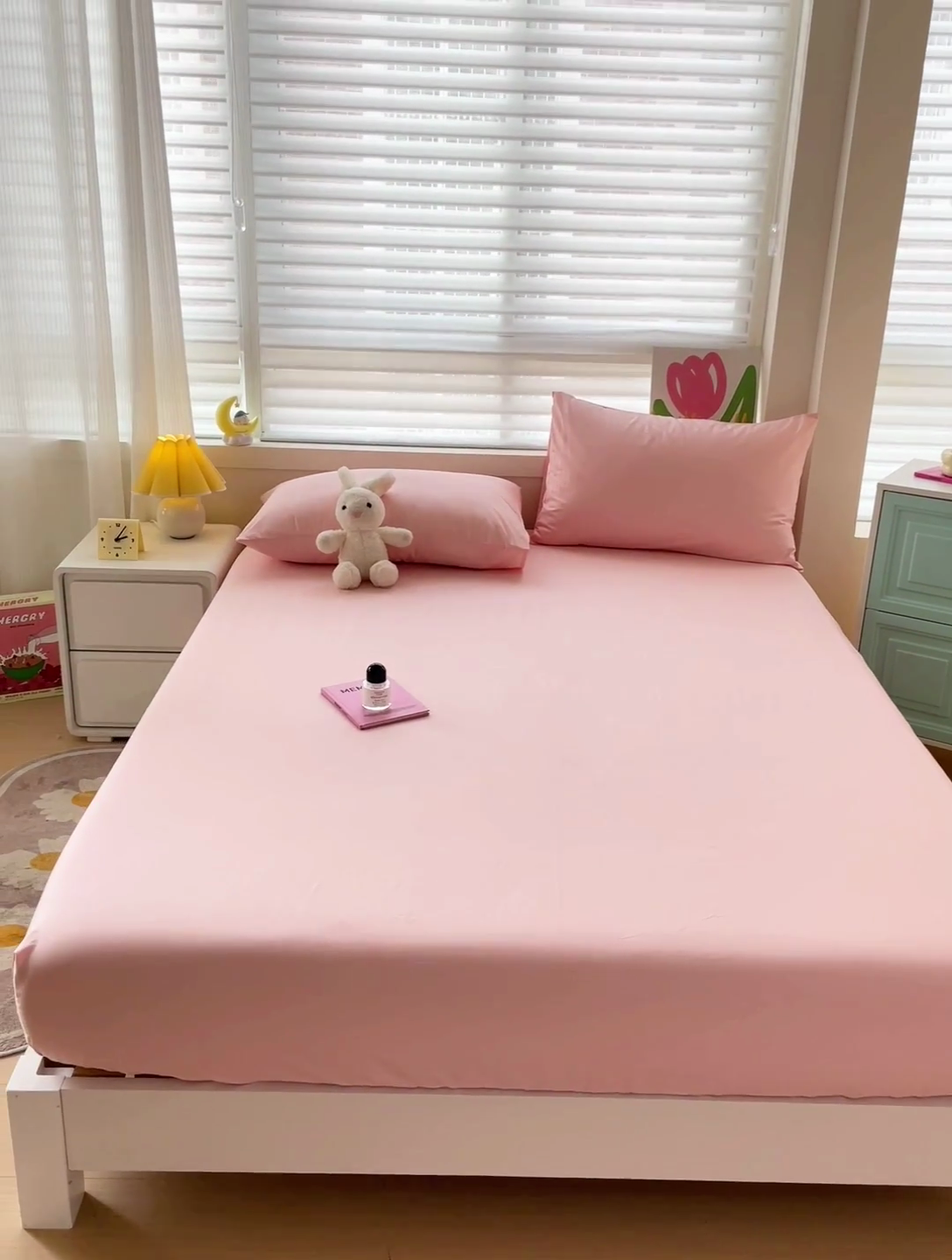 91家纺网 家纺一手货源 找家纺 2024新款纯色全棉简约床笠 百合粉