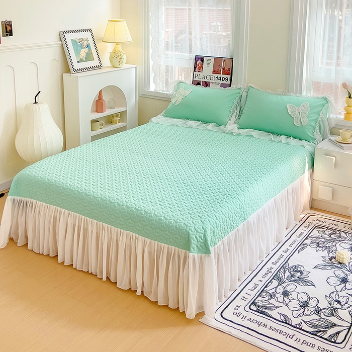 91家纺网 家纺一手货源 找家纺 言熙居家纺 2024新款韩版贴布绣雪纺花边床盖款四件套-初恋 初恋-蓝