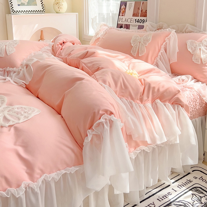 91家纺网 家纺一手货源 找家纺 言熙居家纺 2024新款韩版贴布绣雪纺花边床盖款四件套-初恋 初恋-玉