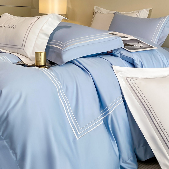 91家纺网 家纺一手货源 找家纺 爱妮菲 2024新款100支长绒棉酒店风四件套全棉纯棉纯色简约床单被套轻奢床笠款床上用品 洛卡-宾利蓝