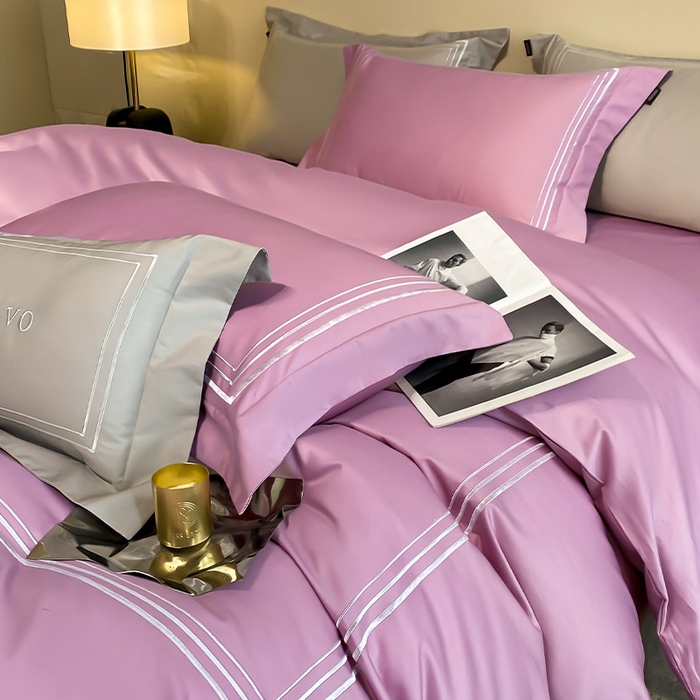 91家纺网 家纺一手货源 找家纺 爱妮菲 2024新款100支长绒棉酒店风四件套全棉纯棉纯色简约床单被套轻奢床笠款床上用品 洛卡-葡萄紫