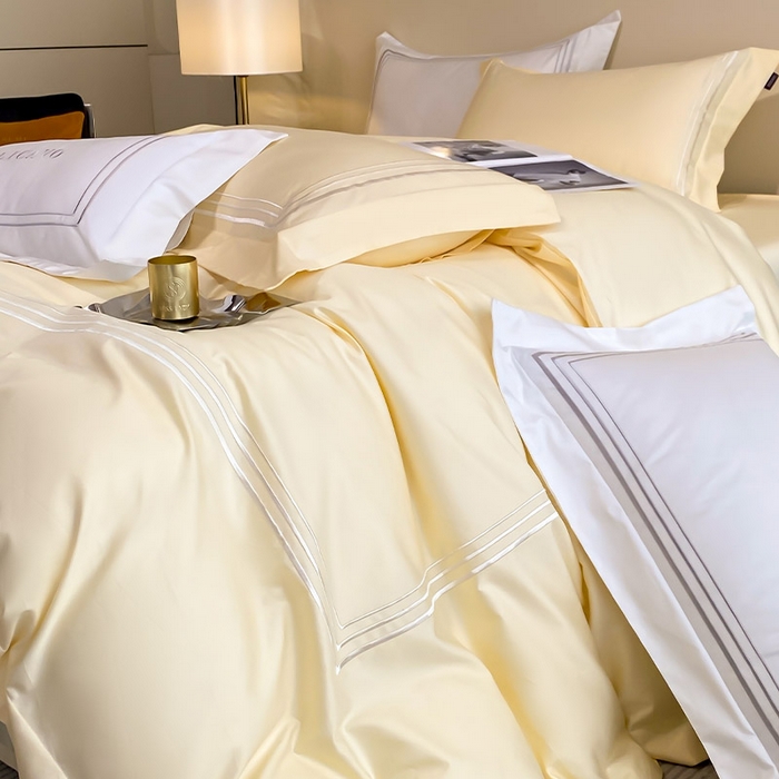 91家纺网 家纺一手货源 找家纺 爱妮菲 2024新款100支长绒棉酒店风四件套全棉纯棉纯色简约床单被套轻奢床笠款床上用品 洛卡-芝士黄