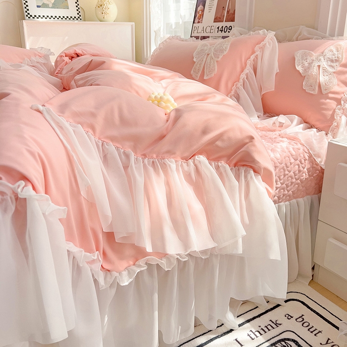 91家纺网 家纺一手货源 找家纺 言熙居家纺 2024新款韩版贴布绣雪纺花边床盖款四件套-初恋 初恋-玉