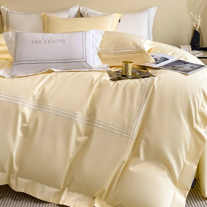 91家纺网 家纺一手货源 找家纺 爱妮菲 2024新款100支长绒棉酒店风四件套全棉纯棉纯色简约床单被套轻奢床笠款床上用品 洛卡-芝士黄