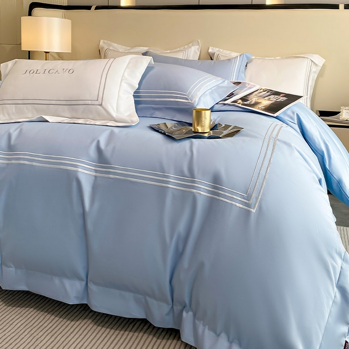 91家纺网 家纺一手货源 找家纺 爱妮菲 2024新款100支长绒棉酒店风四件套全棉纯棉纯色简约床单被套轻奢床笠款床上用品 洛卡-宾利蓝