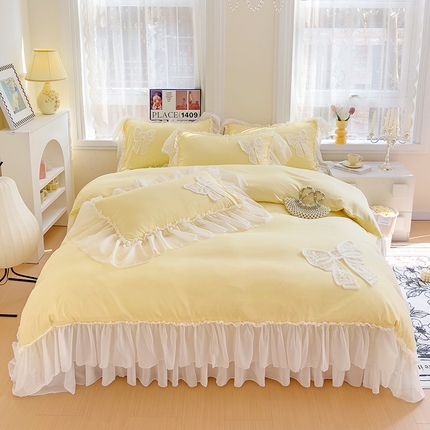 言熙居家纺 2024新款韩版贴布绣雪纺花边床盖款四件套-初恋 初恋-黄