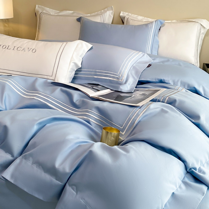 91家纺网 家纺一手货源 找家纺 爱妮菲 2024新款100支长绒棉酒店风四件套全棉纯棉纯色简约床单被套轻奢床笠款床上用品 洛卡-宾利蓝