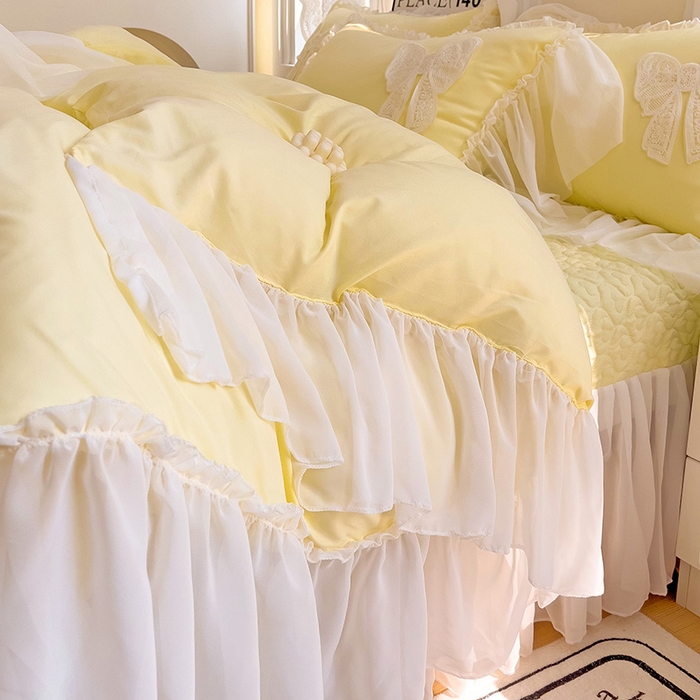 91家纺网 家纺一手货源 找家纺 言熙居家纺 2024新款韩版贴布绣雪纺花边床盖款四件套-初恋 初恋-黄