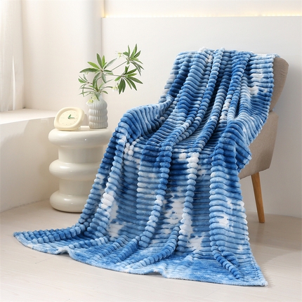 巴木赫 2024新款260克扎染印花抽条毛毯毯子 天空蓝