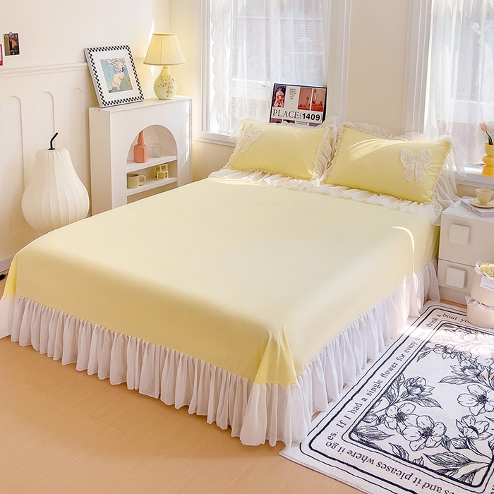 91家纺网 家纺一手货源 找家纺 言熙居家纺 2024新款韩版贴布绣雪纺花边床盖款四件套-初恋 初恋-黄