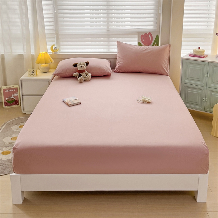 91家纺网 家纺一手货源 找家纺 2024新款纯色全棉简约床笠 豆沙