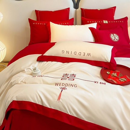 91家纺网 家纺一手货源 找家纺 （总）2024新款100支新疆长绒棉重工刺绣四件套纯棉全棉大红色绣花结婚庆床单被套床上用品