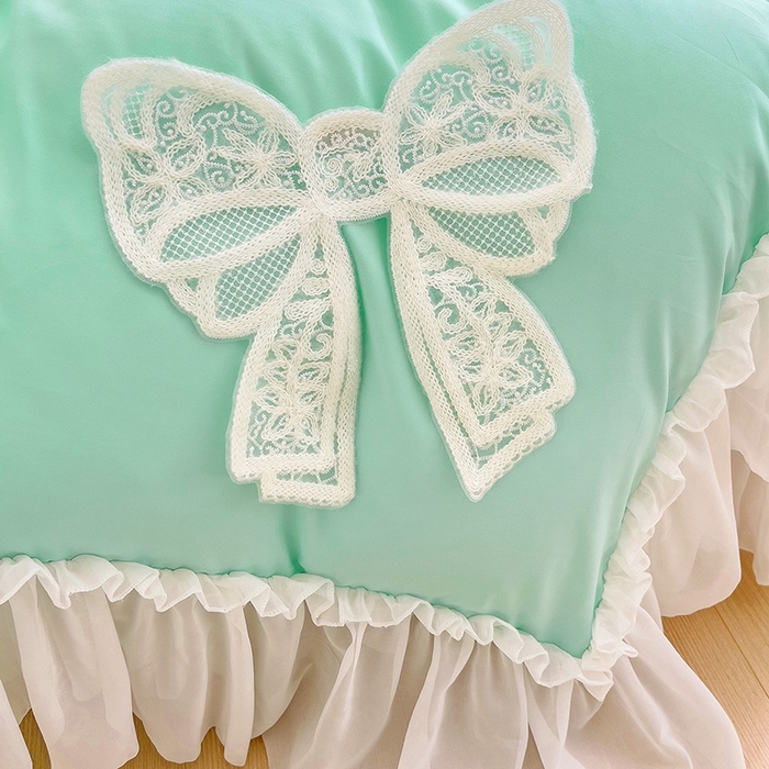 91家纺网 家纺一手货源 找家纺 言熙居家纺 2024新款韩版贴布绣雪纺花边床盖款四件套-初恋 初恋-蓝