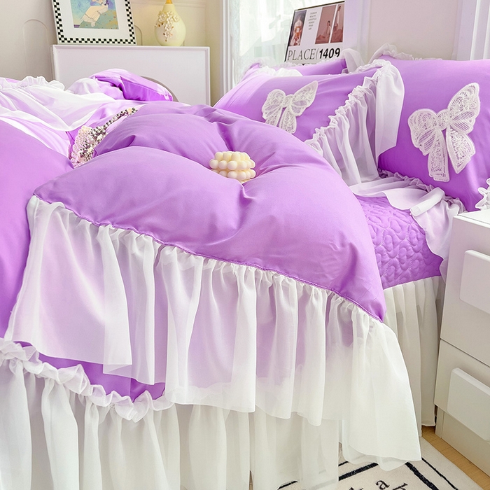 91家纺网 家纺一手货源 找家纺 言熙居家纺 2024新款韩版贴布绣雪纺花边床盖款四件套-初恋 初恋-紫