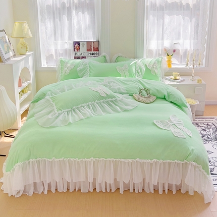 91家纺网 家纺一手货源 找家纺 言熙居家纺 2024新款韩版贴布绣雪纺花边床盖款四件套-初恋 初恋-绿
