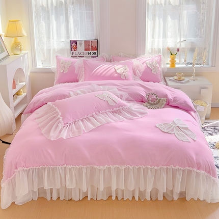 言熙居家纺 2024新款韩版贴布绣雪纺花边床盖款四件套-初恋 初恋-粉