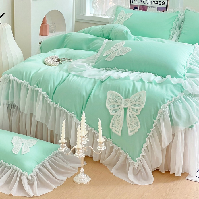 91家纺网 家纺一手货源 找家纺 言熙居家纺 2024新款韩版贴布绣雪纺花边床盖款四件套-初恋 初恋-蓝