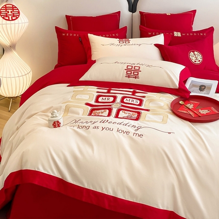 91家纺网 家纺一手货源 找家纺 （总）2024新款100支新疆长绒棉重工刺绣四件套纯棉全棉大红色绣花结婚庆床单被套床上用品