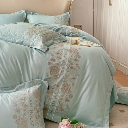 91家纺网 家纺一手货源 找家纺 爱妮菲 【暖冬系列】加厚纯棉磨毛四件套全棉高奢重工刺绣A类100支长绒棉床上用品床单被套简约纯色 花漾-山茶绿